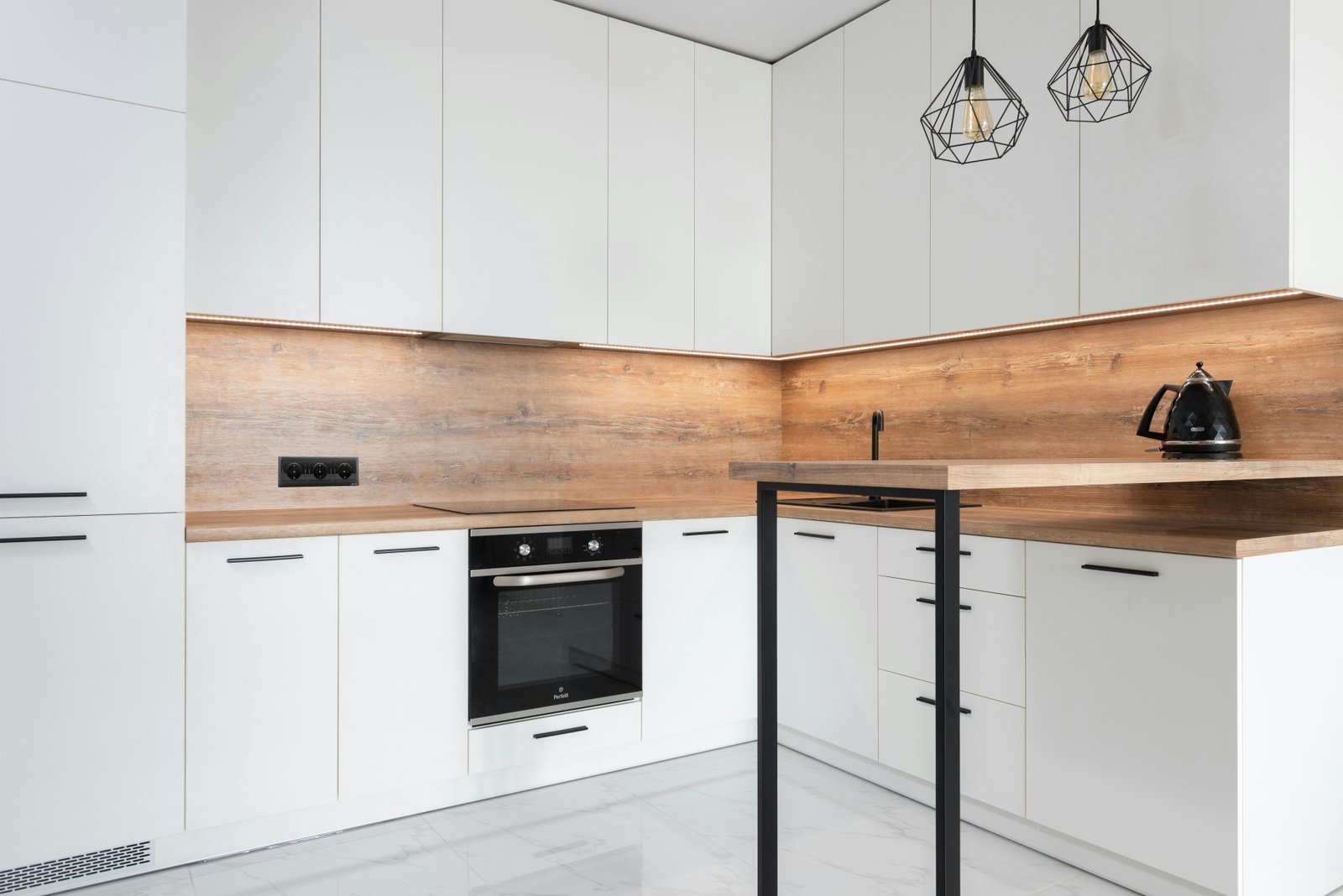 Nordic White Kitchen with Warm Wood Backsplash